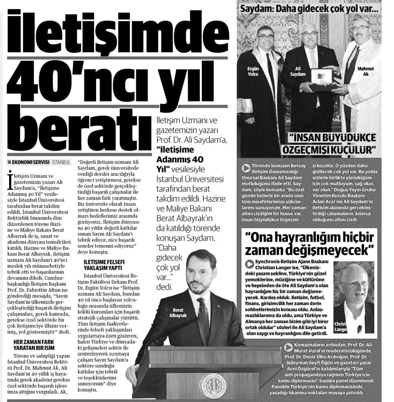 Yeni Şafak gazetesinde İletişimde 40. Yıl Beratı haberinin sayfası