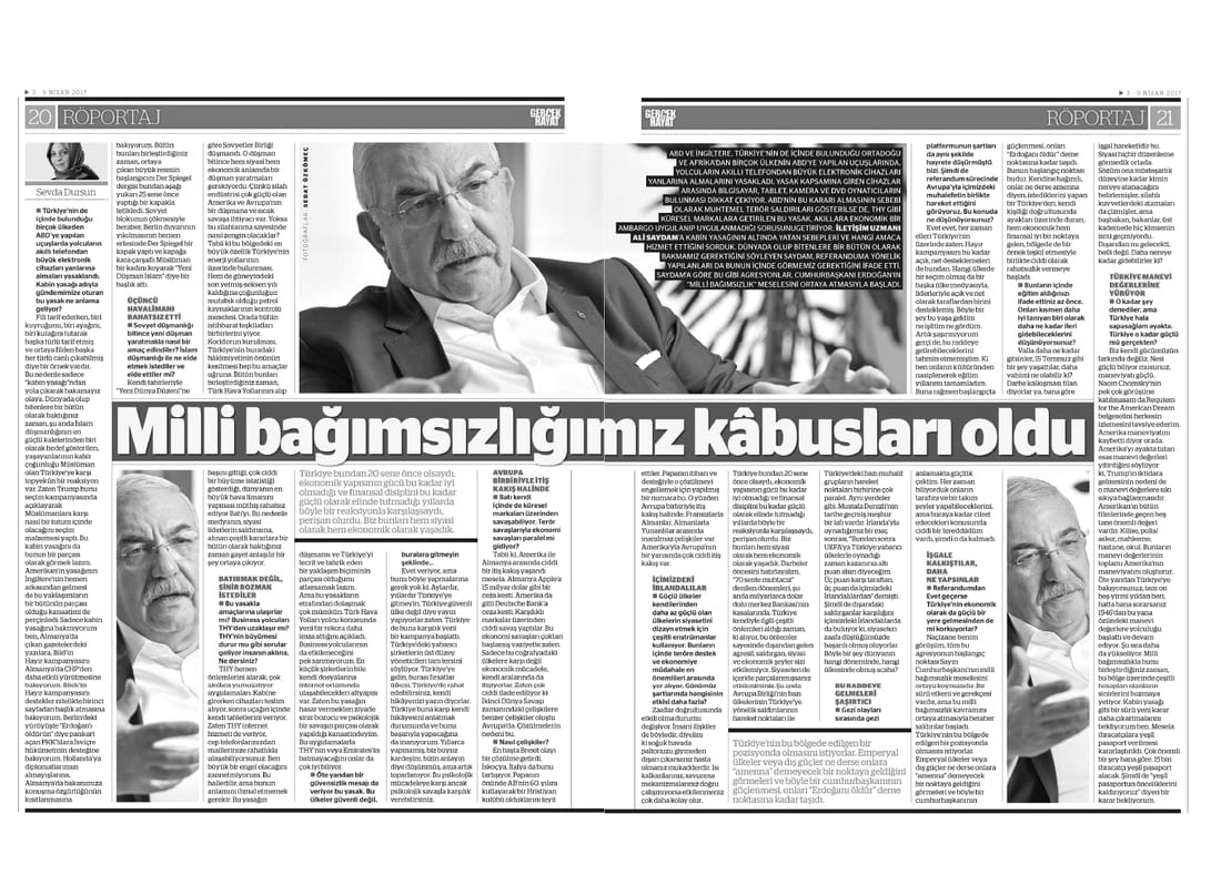 Gerçek Hayat dergisinde Ali Saydam'ın “Milli Bağımsızlığımız Kabusları Oldu” başlıklı söyleşi sayfası